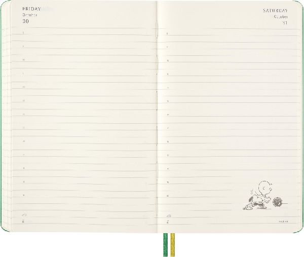 Produktbild: Moleskine 12 Monate Peanuts Charlie & Snoopy Tageskalender 2026, L/A5, 1 Tag = 1 Seite, fester Einband, Emeraldgrün