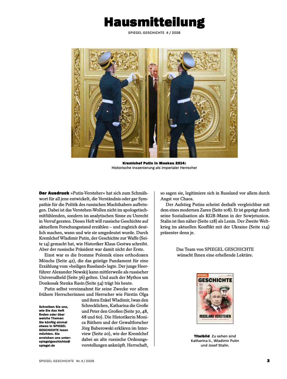 SPIEGEL GESCHICHTE 04/2026 Hausmitteilung