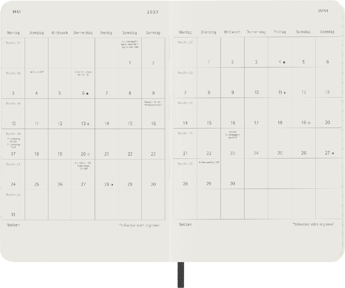 Produktbild: Moleskine 12 Monate Wochen Notizkalender Deutsch 2027, Pocket/A6, 1 Wo = 1 Seite, rechts linierte Seite, Weicher Einband, Schwarz