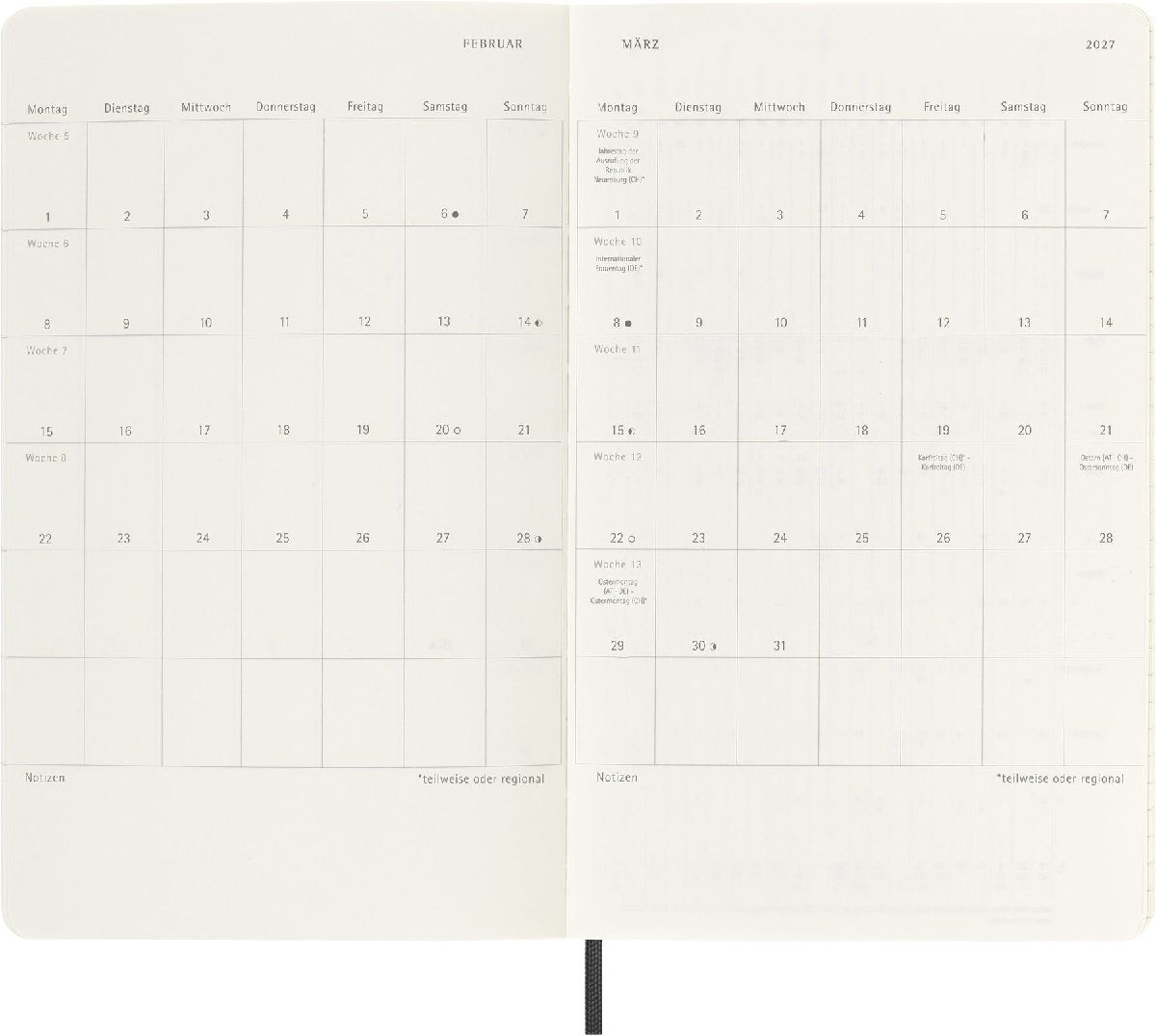 Produktbild: Moleskine 12 Monate Wochen Notizkalender Deutsch 2027, Large/A5, 1 Wo = 1 Seite, rechts linierte Seite, Weicher Einband, Schwarz