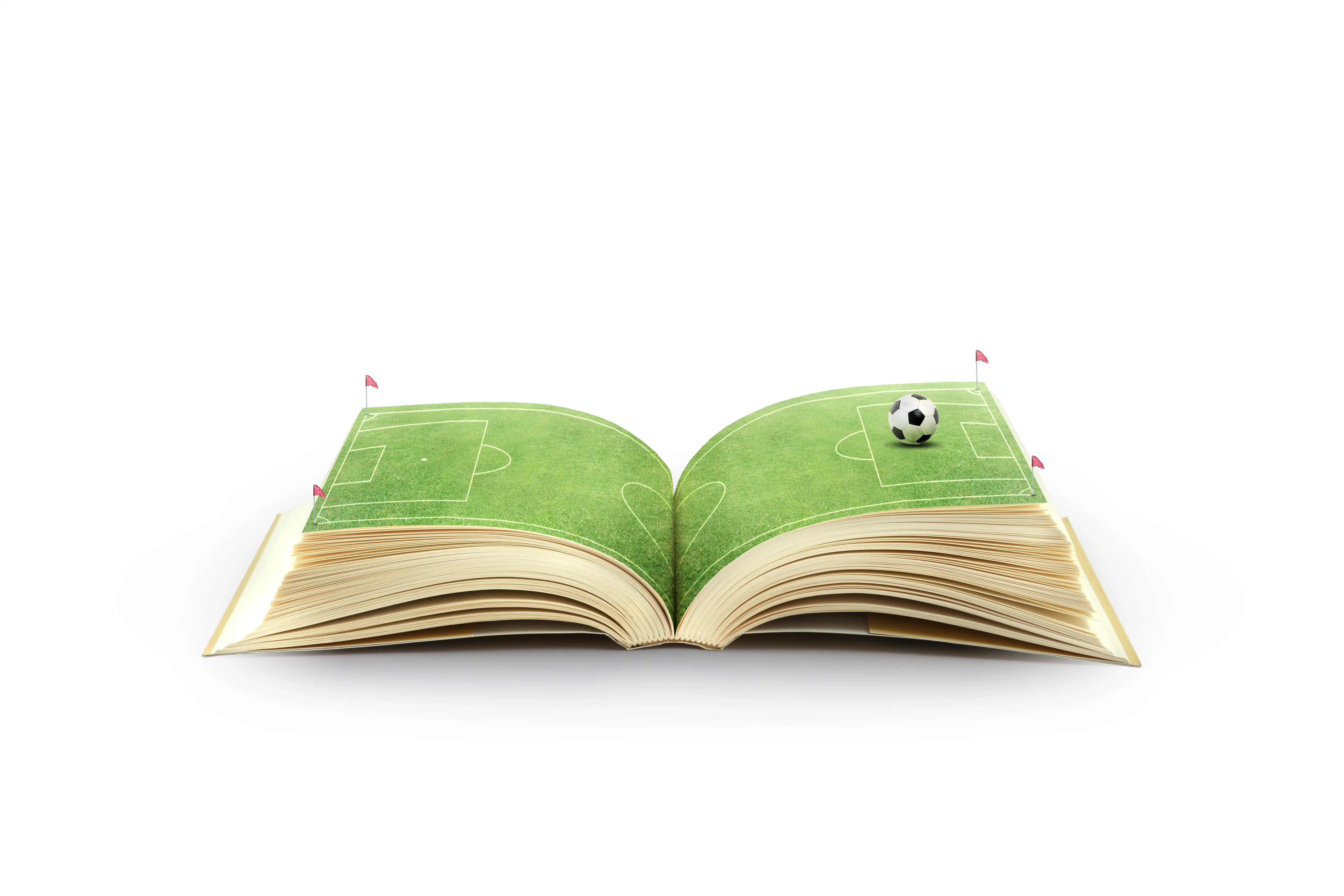 Aufgeklapptes Buch als Spielfeld mit Ball