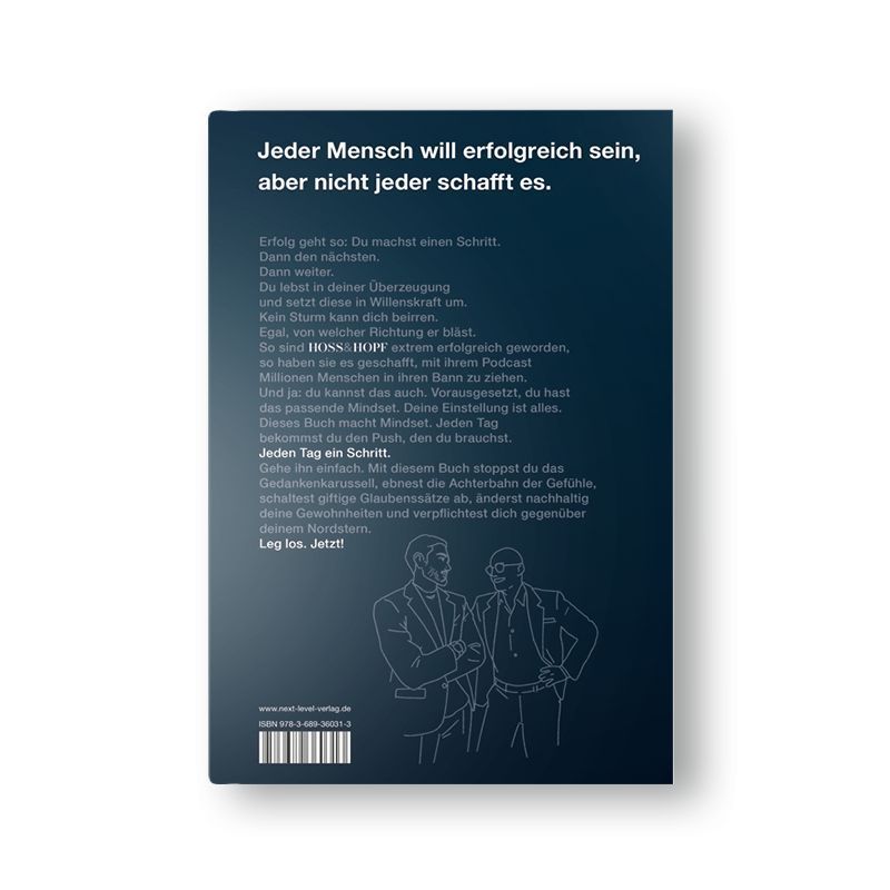 Produktbild: Jeden Tag einen Schritt - Spiegelbestseller Platz 1, Erfolgsstrategien von Hoss & Hopf mit Kiarash Hossainpour & Philip Hopf, 365 Impulse zu Disziplin, Finanzen, Mindset & Persönlichkeitsentwicklung, werde dein bestes Selbst